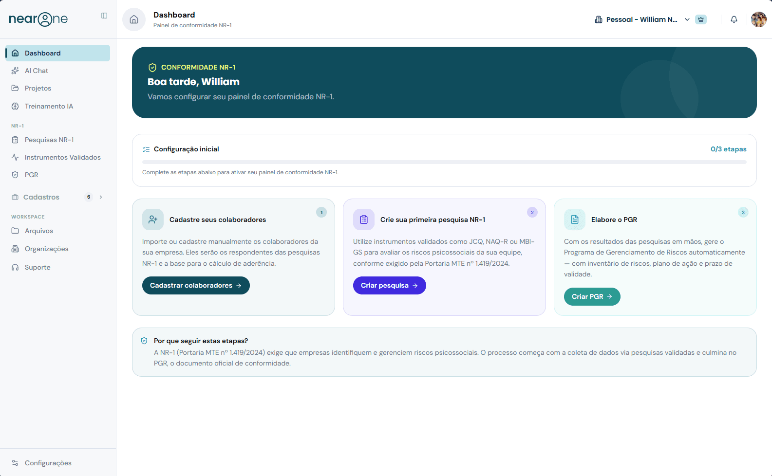 Dashboard de conformidade psicossocial da NearOne