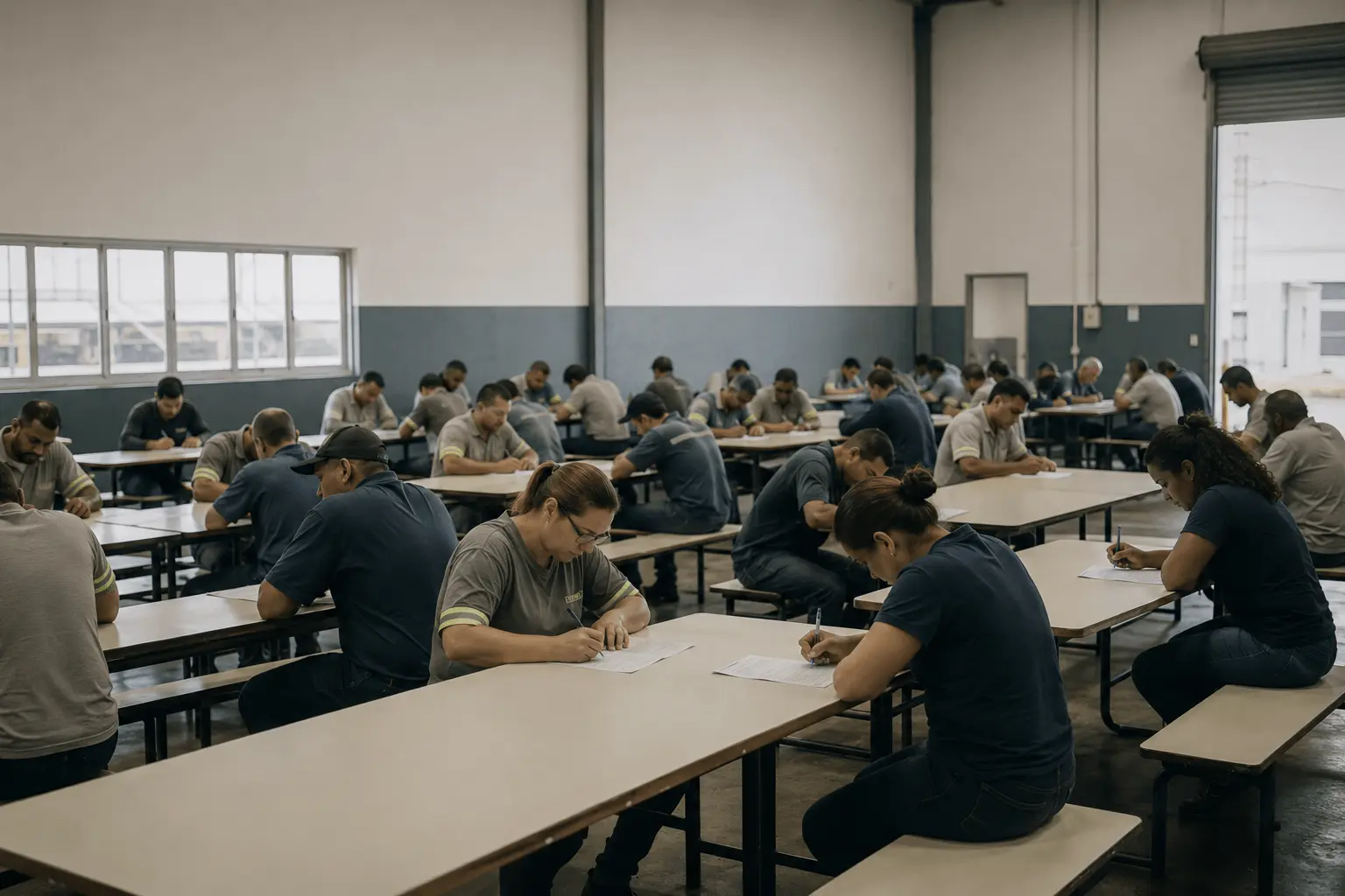 Aplicação de avaliação em papel no refeitório de uma fábrica
