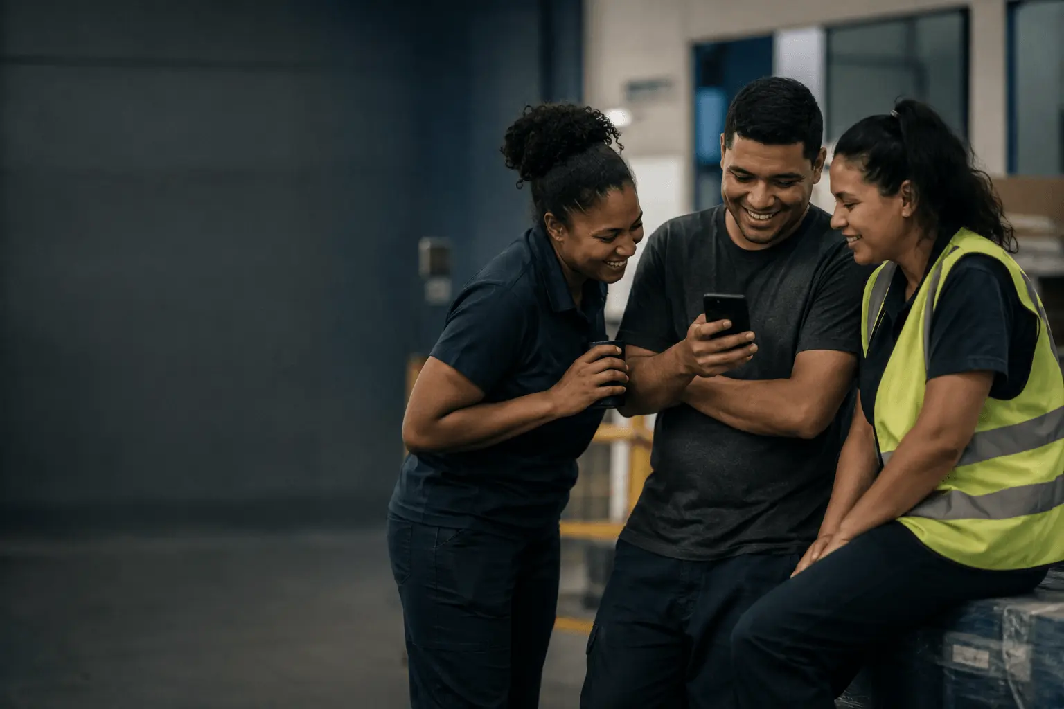 Colaboradores de operação rindo juntos ao olhar um celular no intervalo