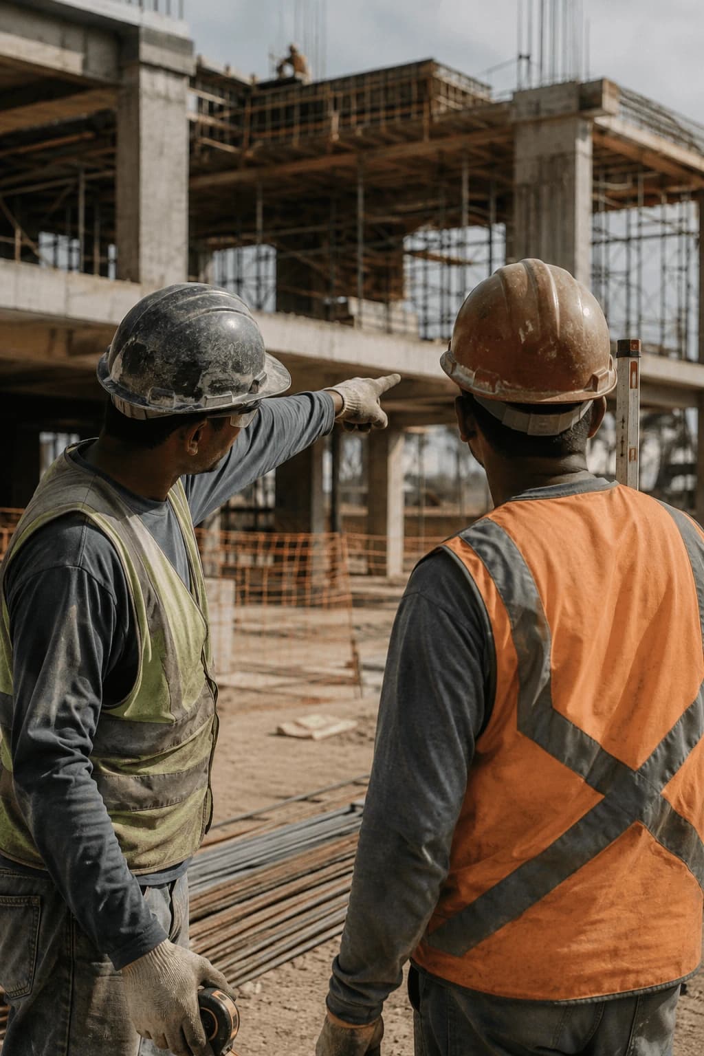 Trabalhadores de EPI em canteiro de obra