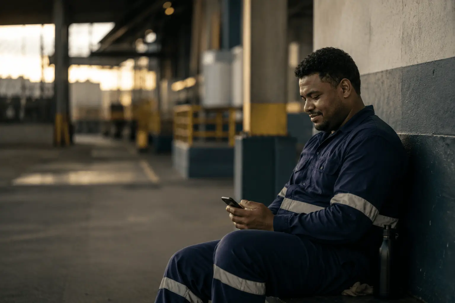 Colaborador de operação usando o celular no intervalo