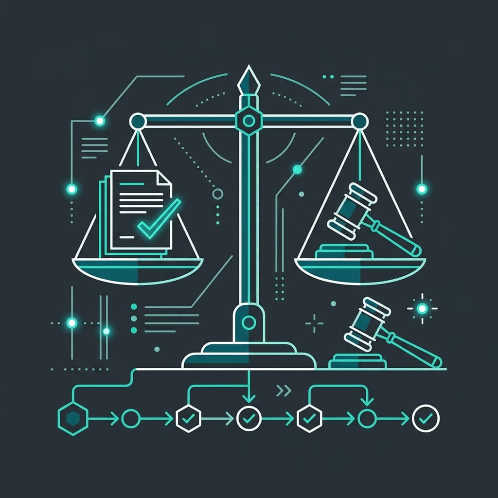 Ilustração de conformidade jurídica com balança e documentos auditáveis