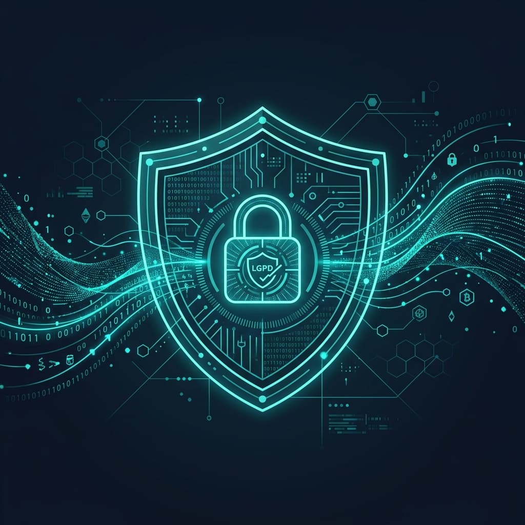 Ilustração de segurança digital com escudo e criptografia de dados